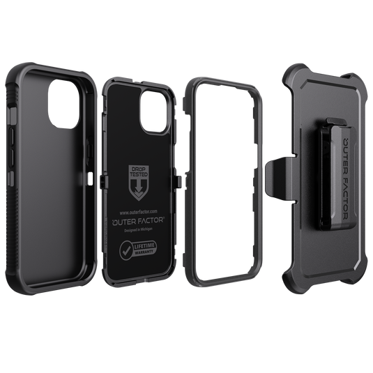OuterFactor WorkForce Case with Belt Clip, iPhone 15, Black