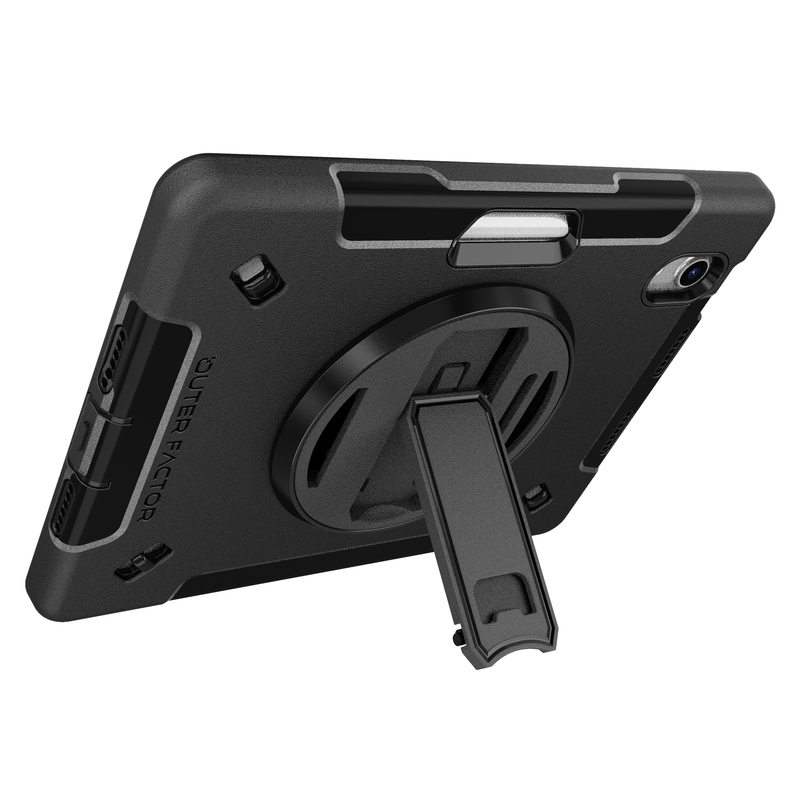 Load image into Gallery viewer, iPad Mini (6/7 Gen), Kickstand, Hand Strap, Screen Protector, Pen Holder, Black - WorkForce Pro Case by OuterFactor