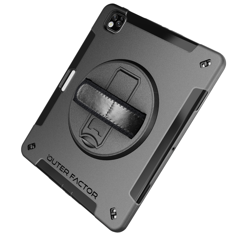 Load image into Gallery viewer, OuterFactor WorkForce Pro Case, iPad Pro (3/4/5/6th Gen), Black, Kickstand, Hand Strap, Screen Protector, Pen Holder