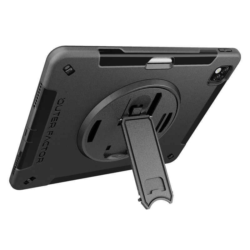 Load image into Gallery viewer, OuterFactor WorkForce Pro Case, iPad Pro (3/4/5/6th Gen), Black, Kickstand, Hand Strap, Screen Protector, Pen Holder