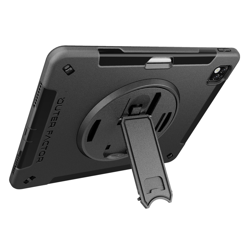 Load image into Gallery viewer, OuterFactor WorkForce Pro Case, iPad Pro (3/4/5/6th Gen), Black, Kickstand, Hand Strap, Screen Protector, Pen Holder
